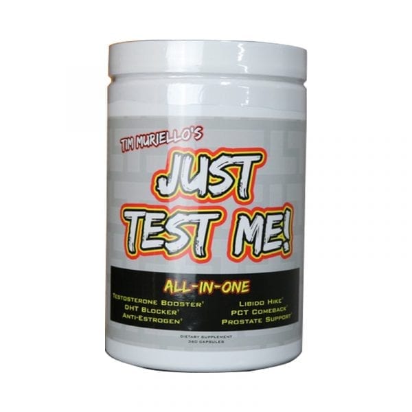 A container of JUST TEST ME! by Tim Muriello’s Spazmatic Supplements