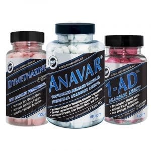Three bottles included in the Lean Shred Stack: Hi-Tech Pharmaceuticals Dymethazine, Anavar, and 1-AD