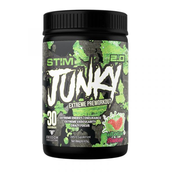 A container of Freedom Formulations Stim-Junky 2.0 Extreme Pre-Workout