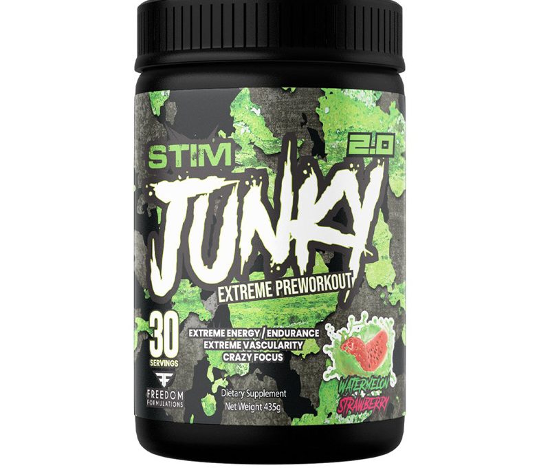 A container of Freedom Formulations Stim-Junky 2.0 Extreme Pre-Workout